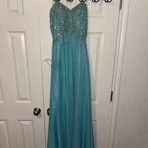 Mori Lee Aqua Strapless Dress with Beaded Detail